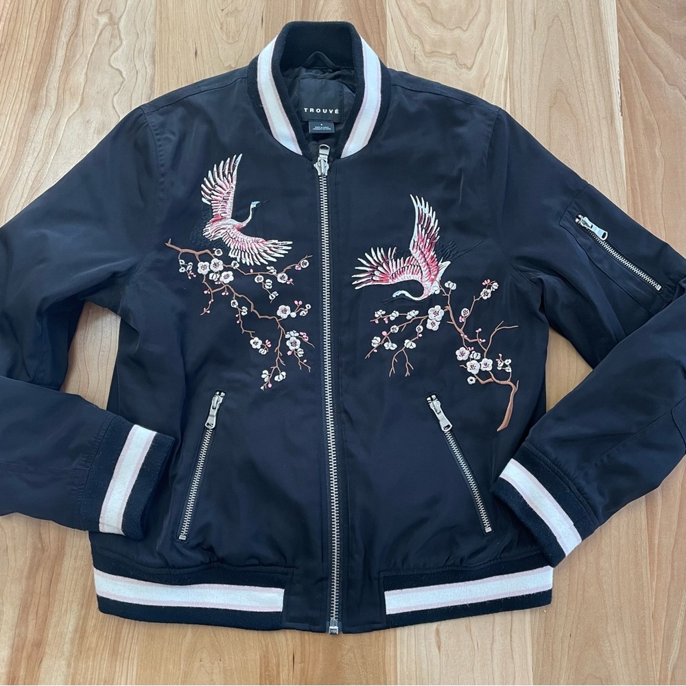 Trouvé Cherry Blossoms and Cranes Black Embroidered Bomber Jacket